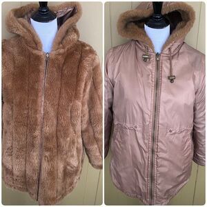 Serbin sport women Petite M reversibile hooded faux fur full zip coat light brow